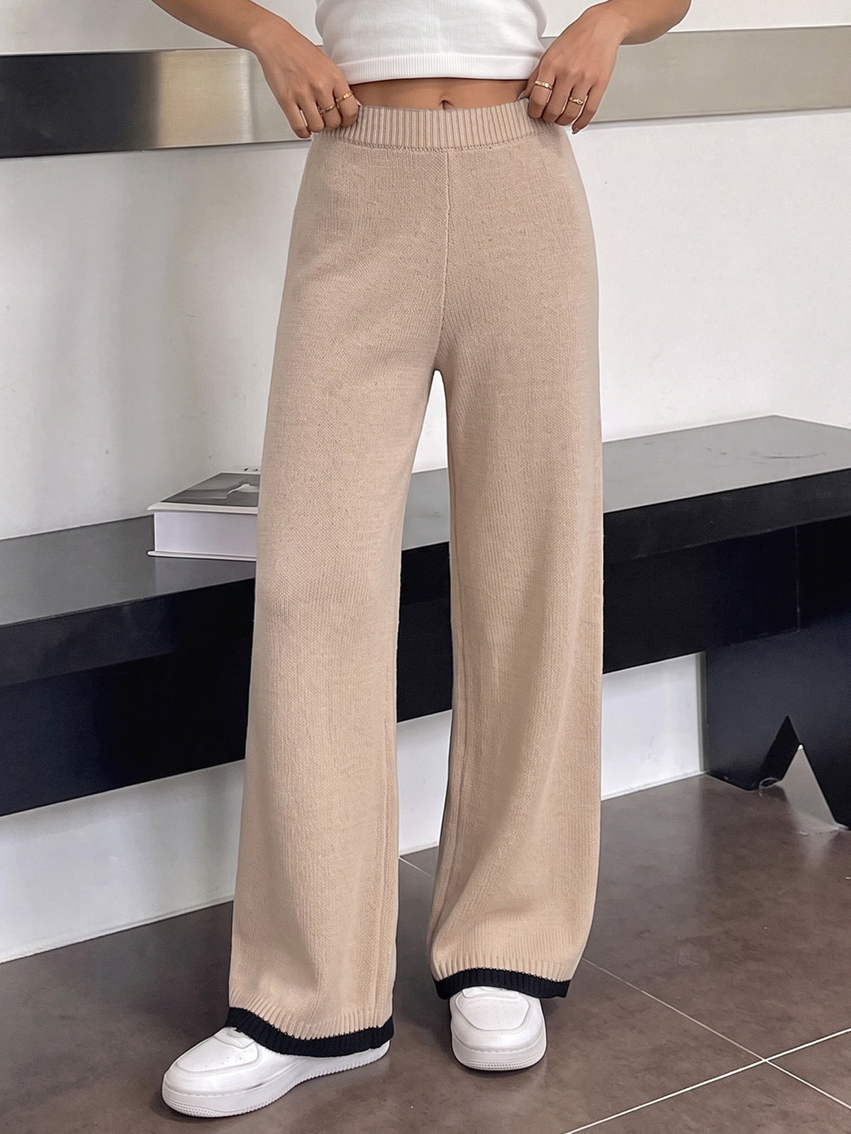 Women's High Waist Knit Wide Leg Sweater Pants Color Block