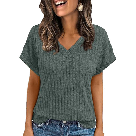 Solid Ribbed T Shirt Casual V Neck Loose Fit
