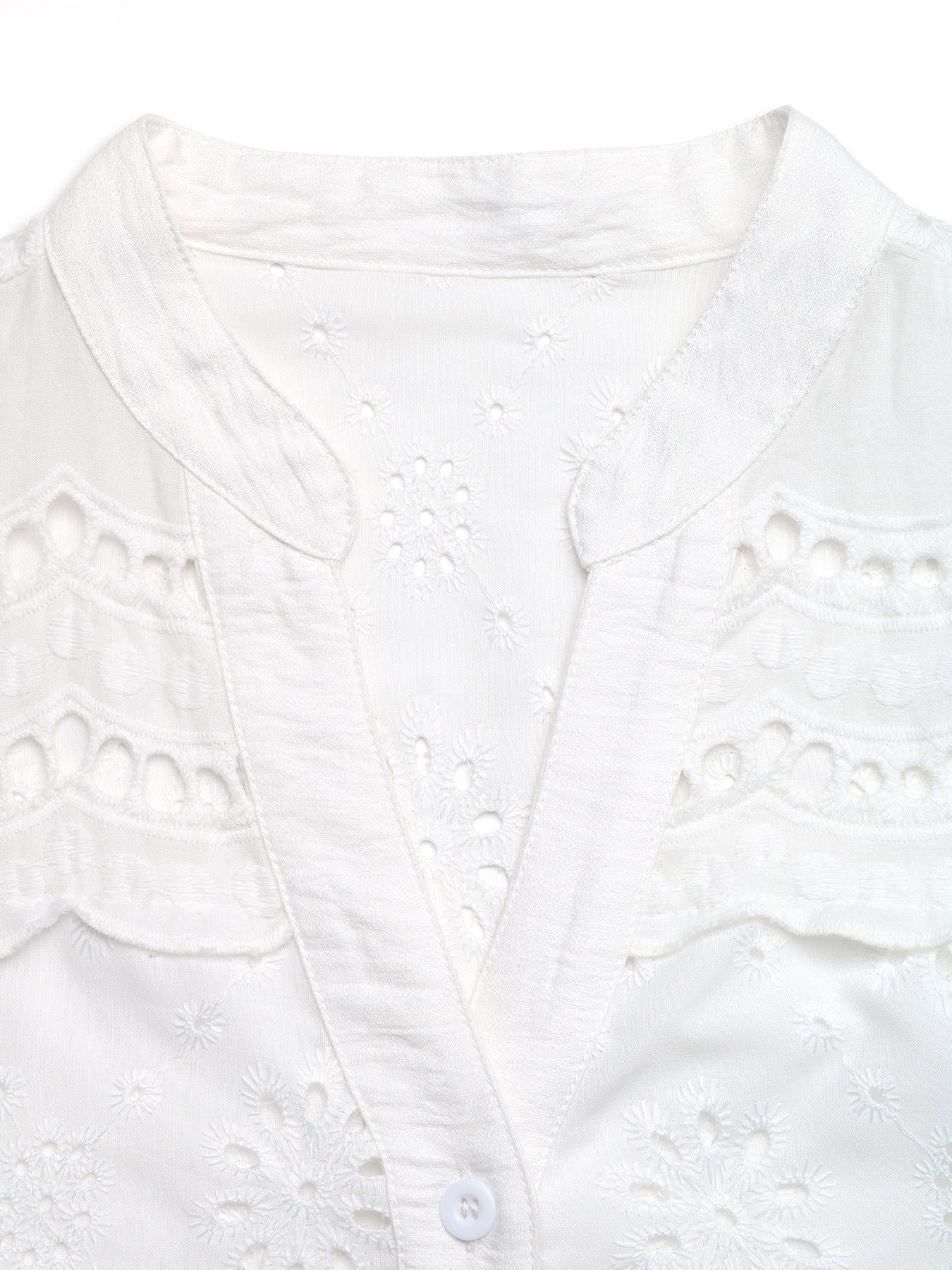 White Eyelet Ruffle Sleeve V Neck Button Blouse