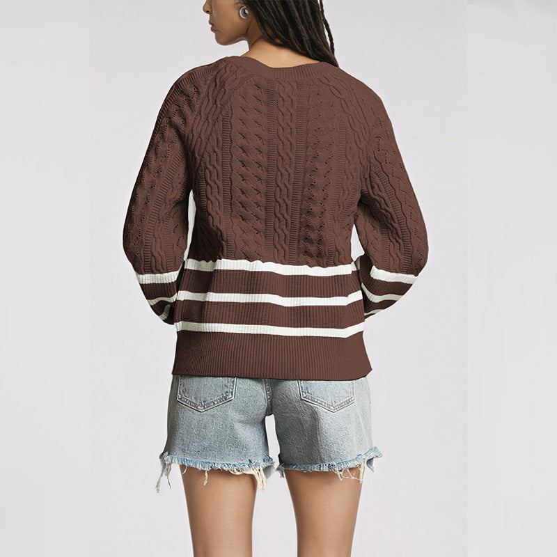 Oversized Cable Knit Striped Crew Neck Sweater