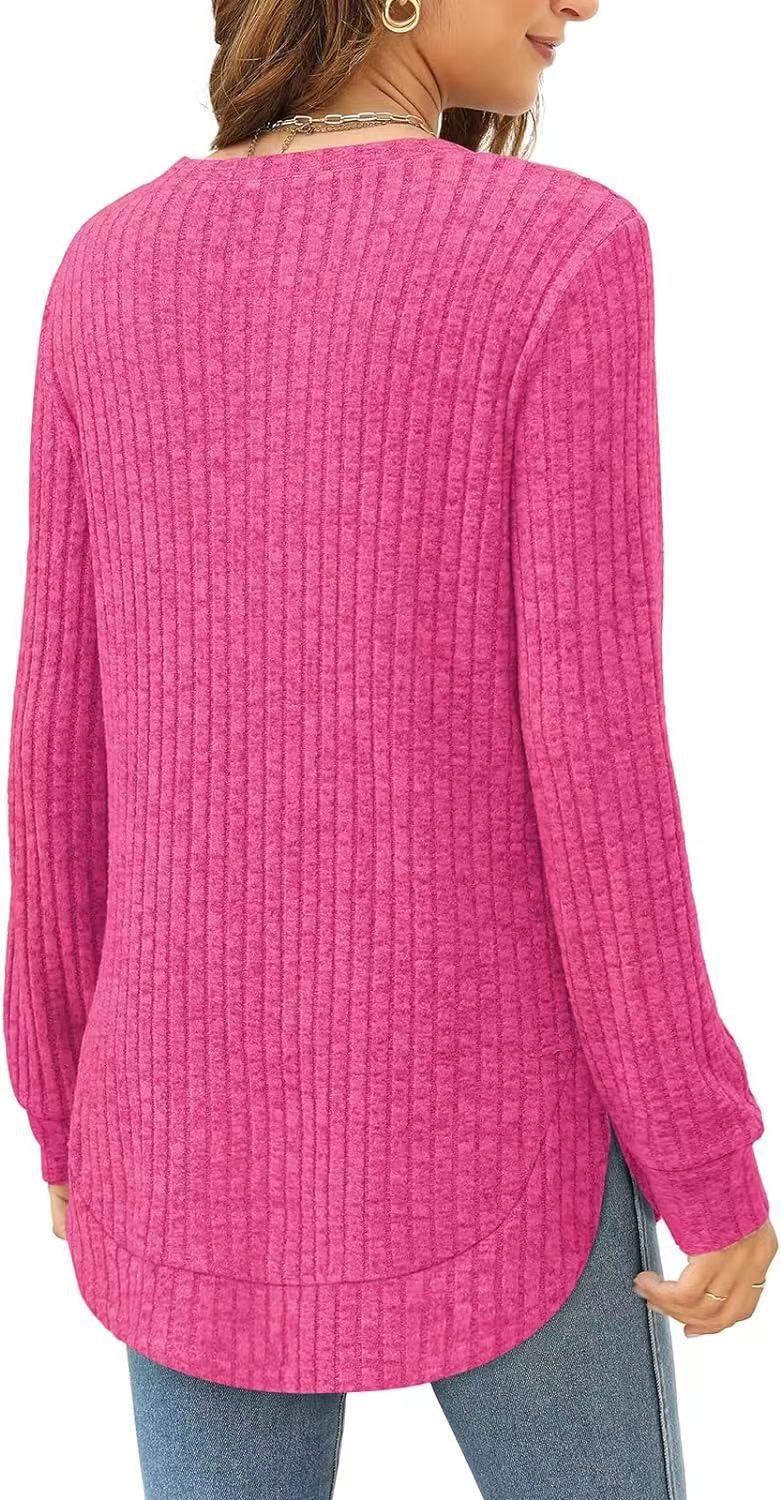 Women's Oversized Ribbed Long Sleeve Crew Neck Tunic Top