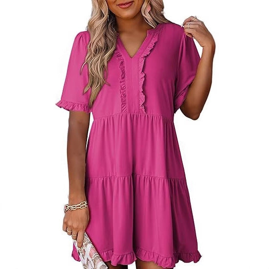 Green V Neck Ruffle Trim A Line Tiered Mini Dress