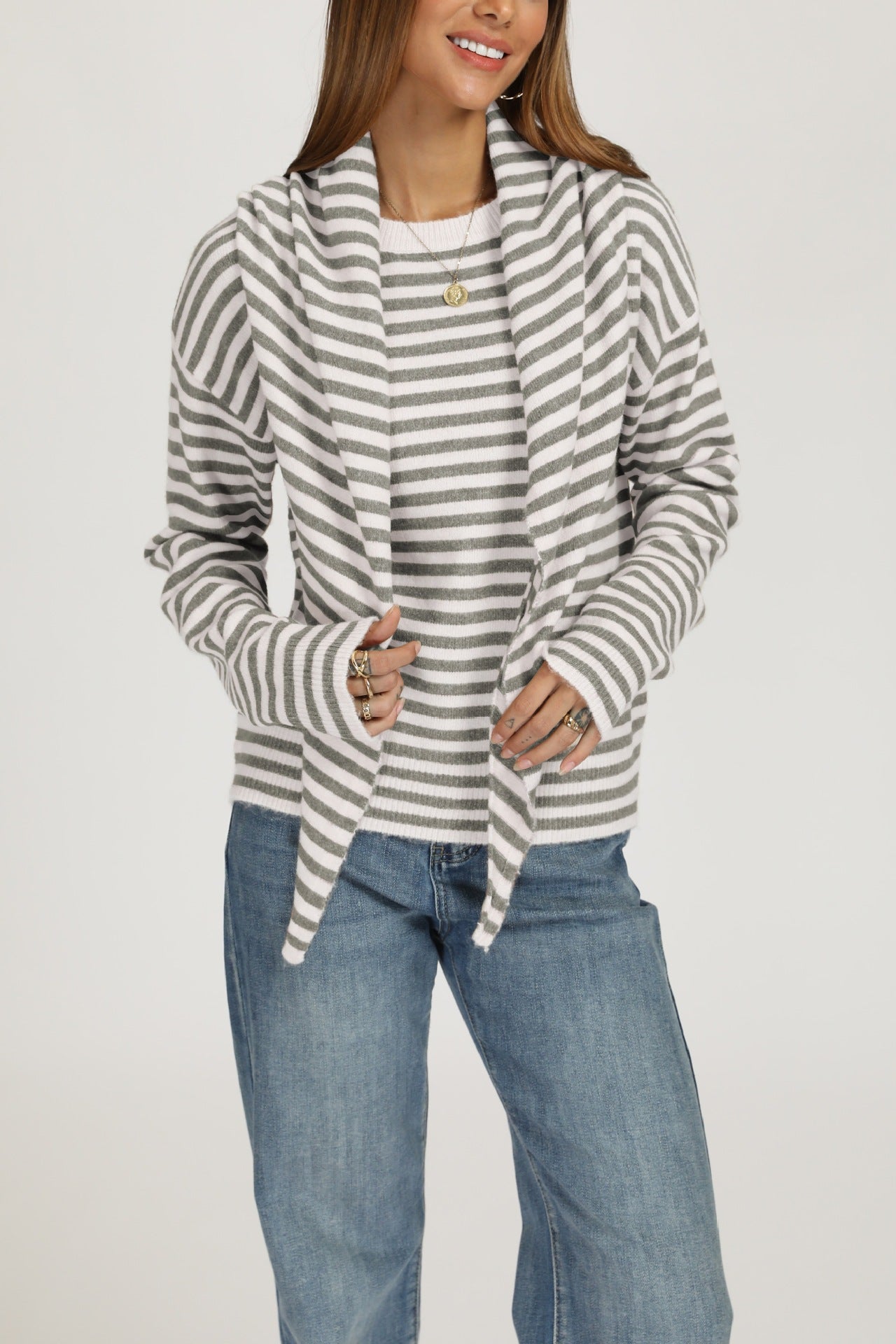 Striped Knit Sweater Shawl Detail Oversized Casual Pullover