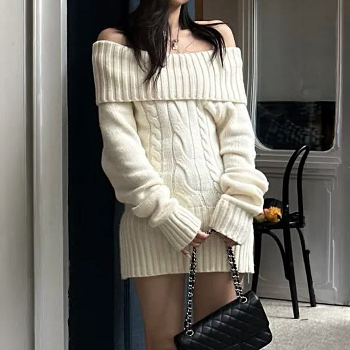 Off Shoulder Cable Knit Bodycon Sweater Dress