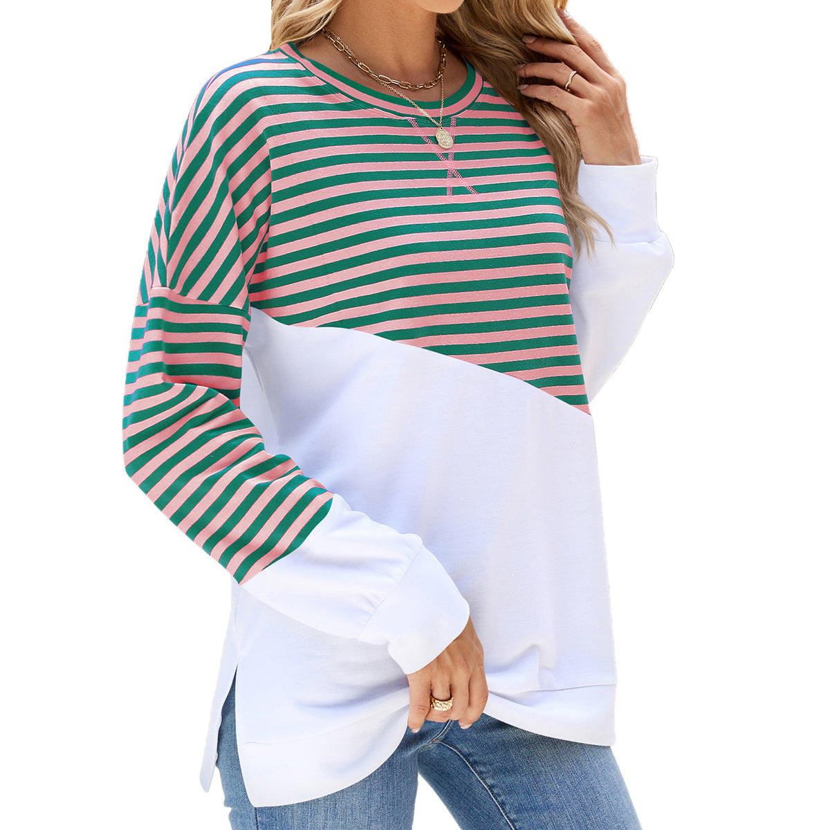 Women's Color Block Striped Crewneck Sweatshirt Oversized