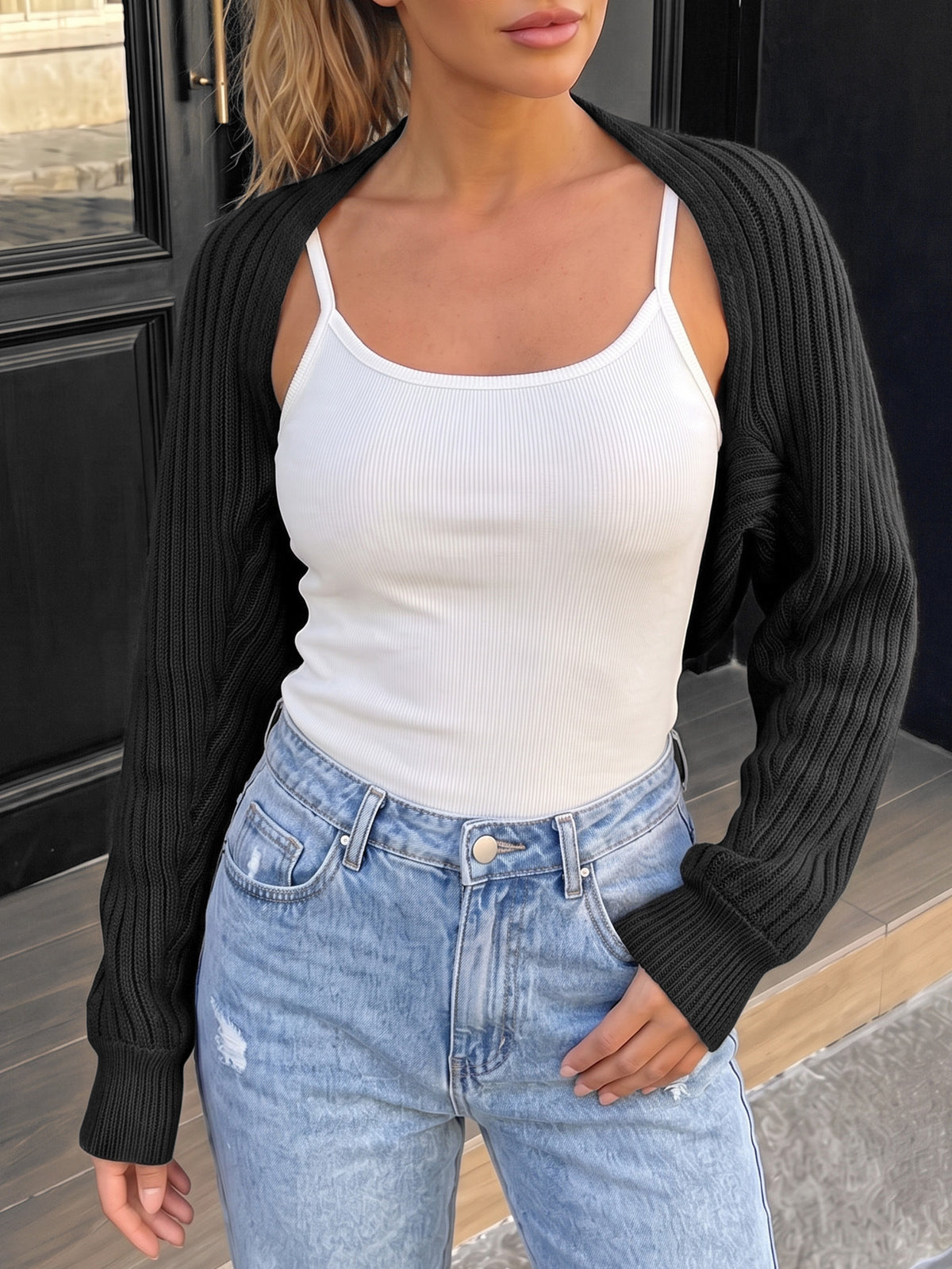 Women's Cropped Knit Shrug Open Front Long Sleeve Sweater