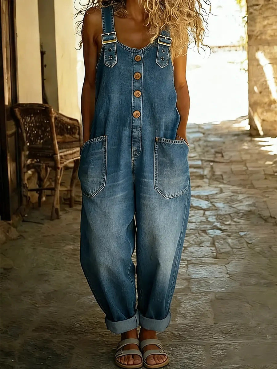 Washed Denim Overalls Adjustable Strap Relaxed Fit