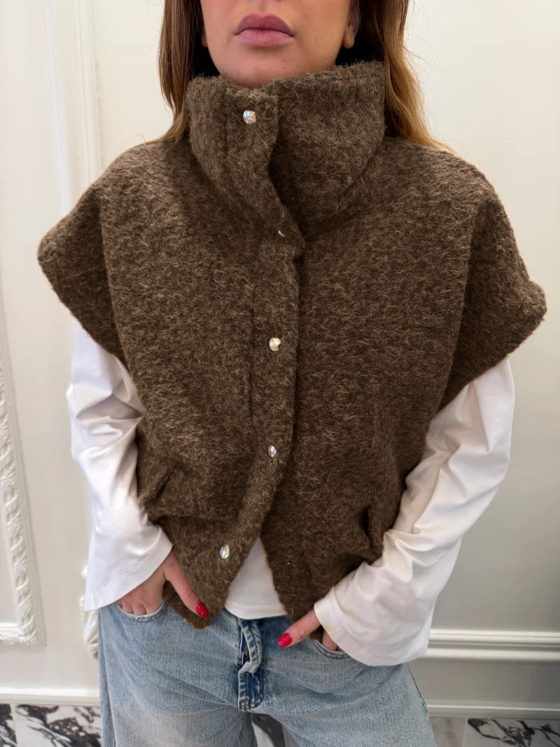 Women's Oversized Sherpa Fleece Vest Mock Neck Button Up