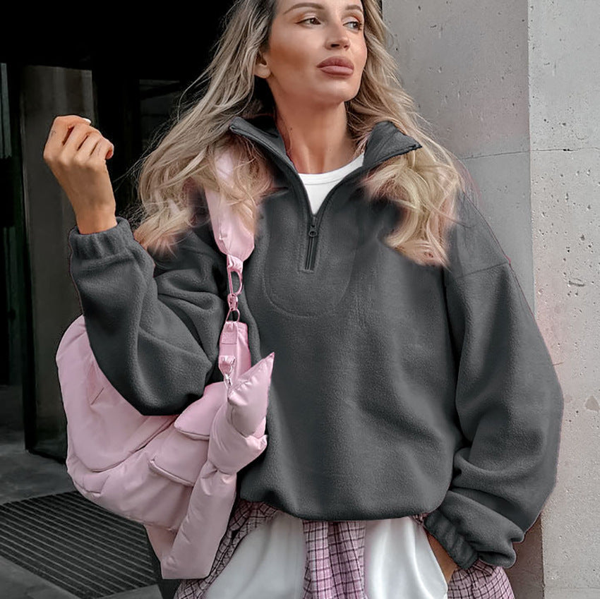 Solid Quarter Zip Pullover Sweatshirt Oversized Casual Chic