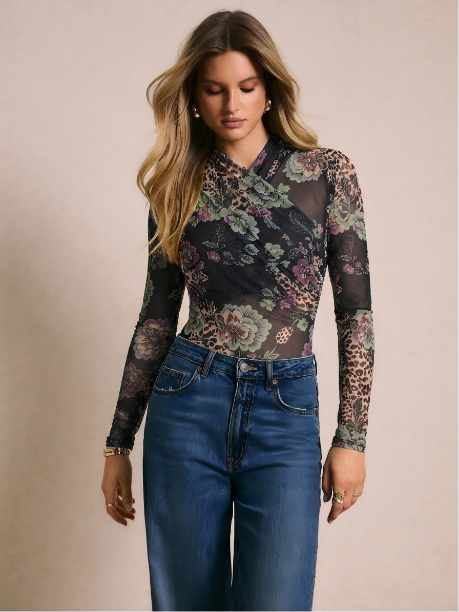 Sexy Sheer Mesh Long Sleeve Cross Neck Bodysuit
