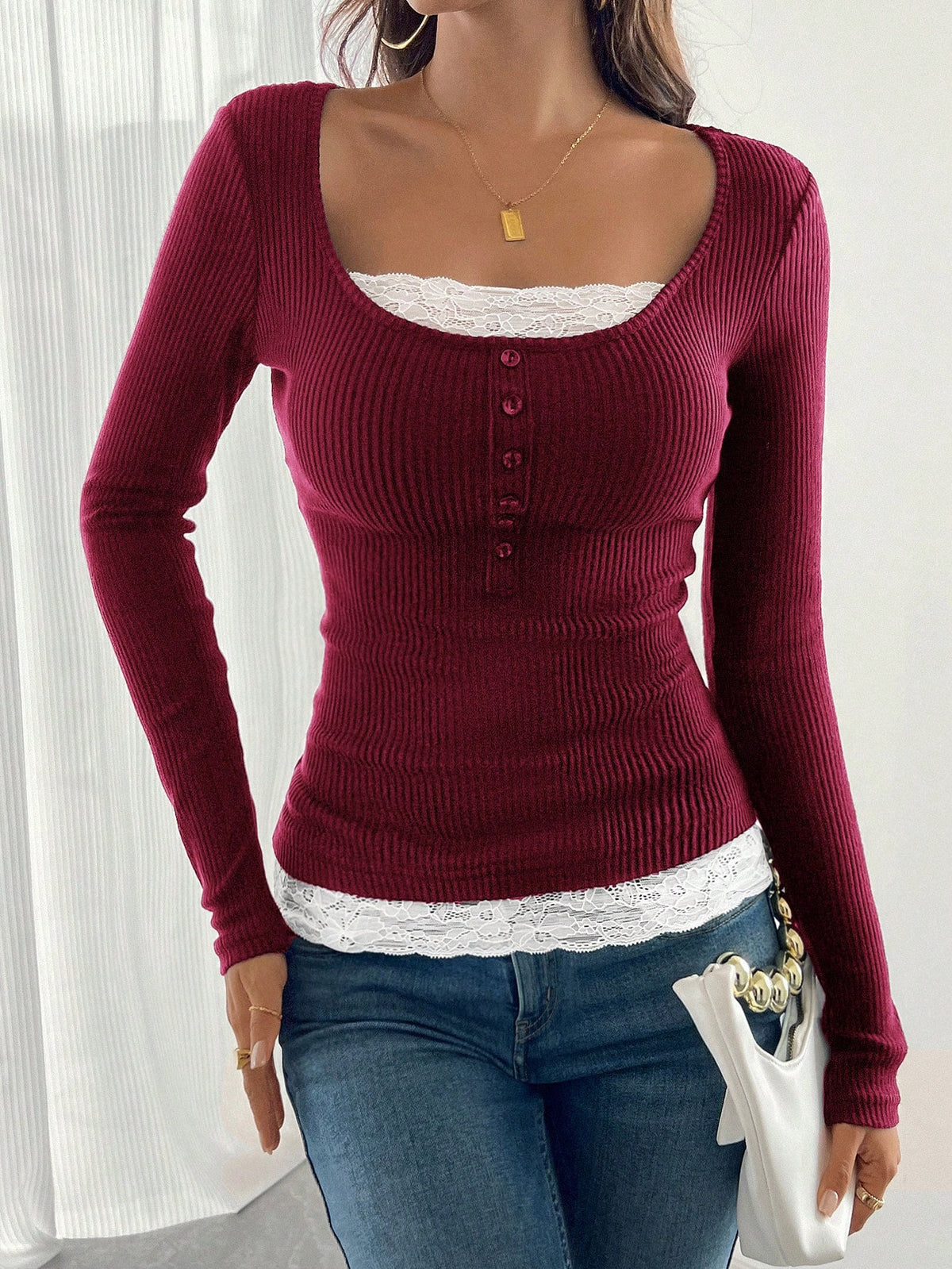 Lace Trim Ribbed Square Neck Long Sleeve Top