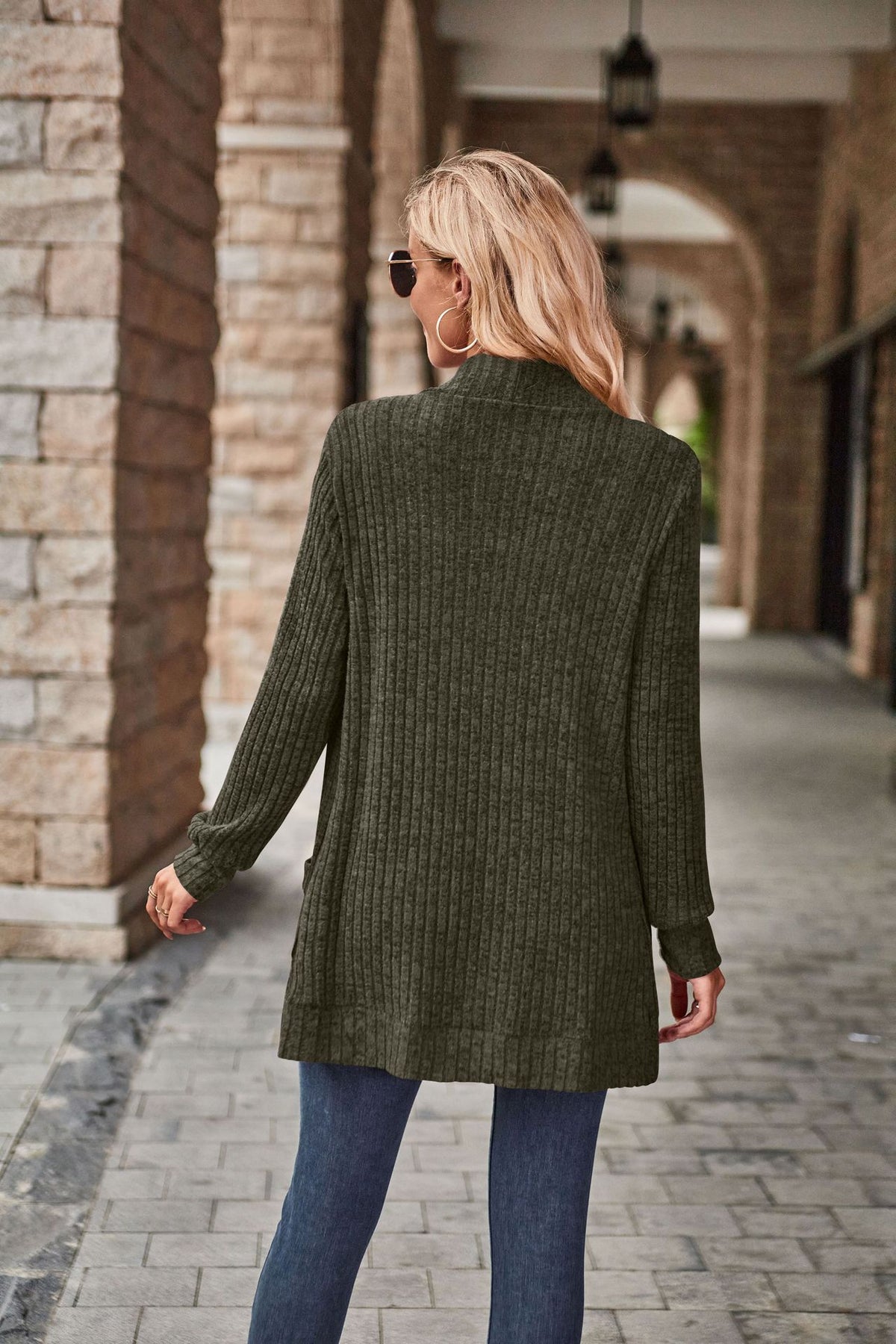 Women's Ribbed Knit Open Front Cardigan Long Sleeve Pockets