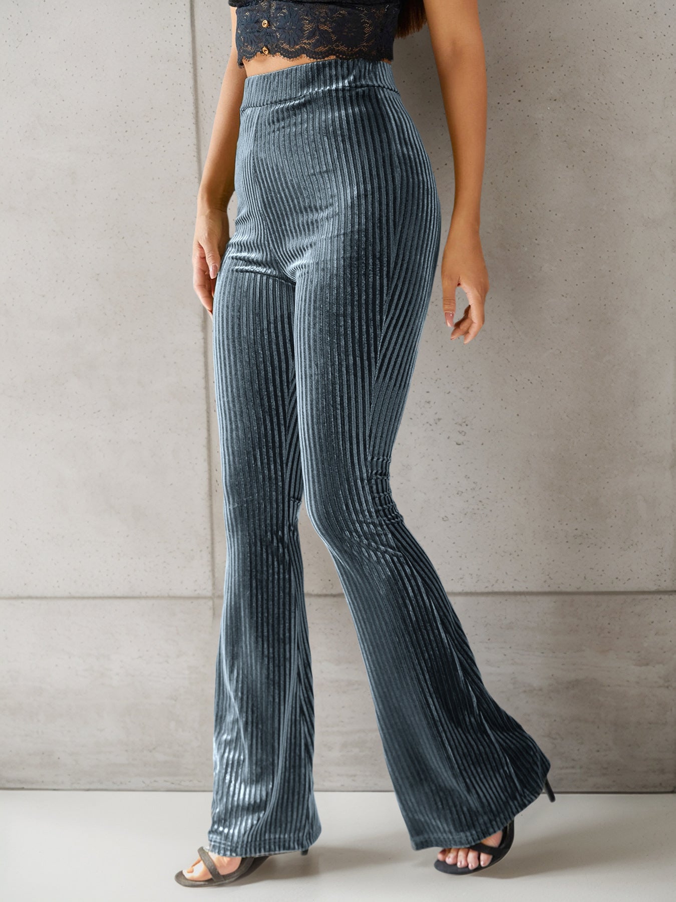 High Waist Ribbed Flare Pants Women Slim Fit Casual