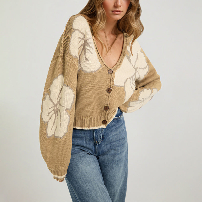 Women's Colorblock Floral Cardigan V-Neck Button Front