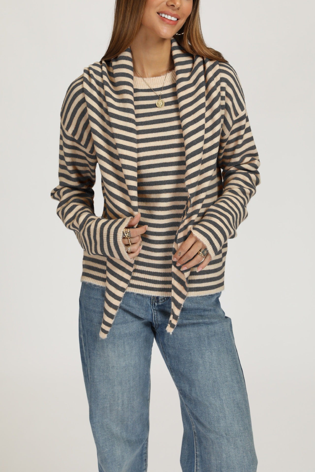 Striped Knit Sweater Shawl Detail Oversized Casual Pullover