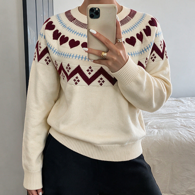 Women's Fair Isle Heart Crew Neck Knit Sweater