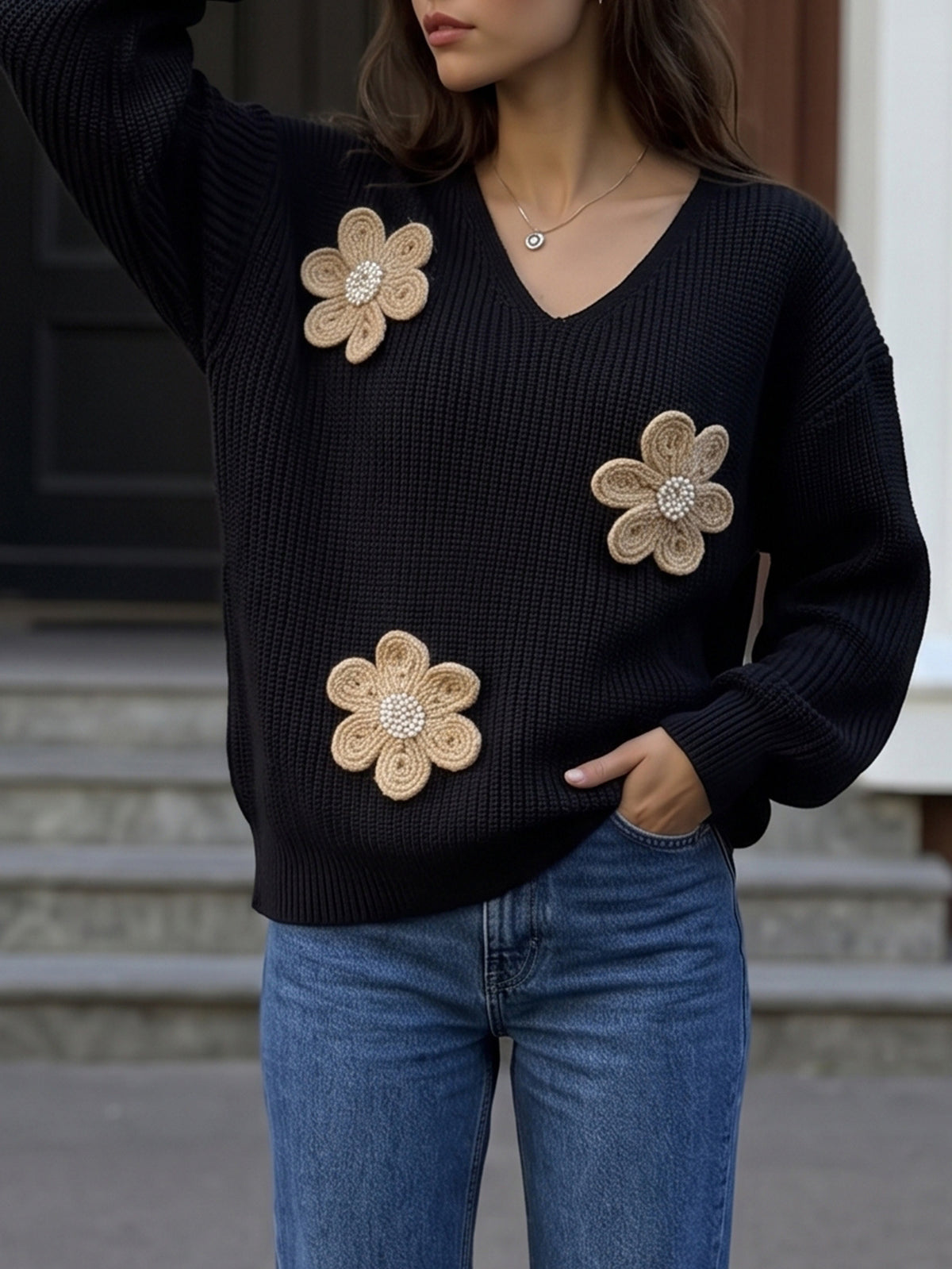 V-Neck Beaded Flower Sweater Balloon Sleeve Pullover