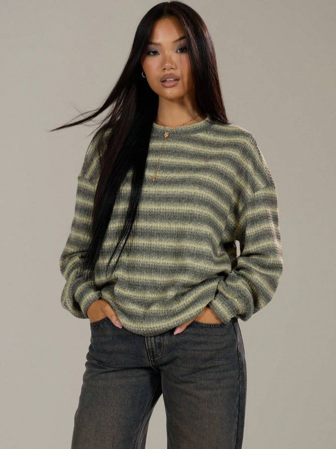 Striped Brushed Sweater Boutique Oversized Drop Shoulder Pullover