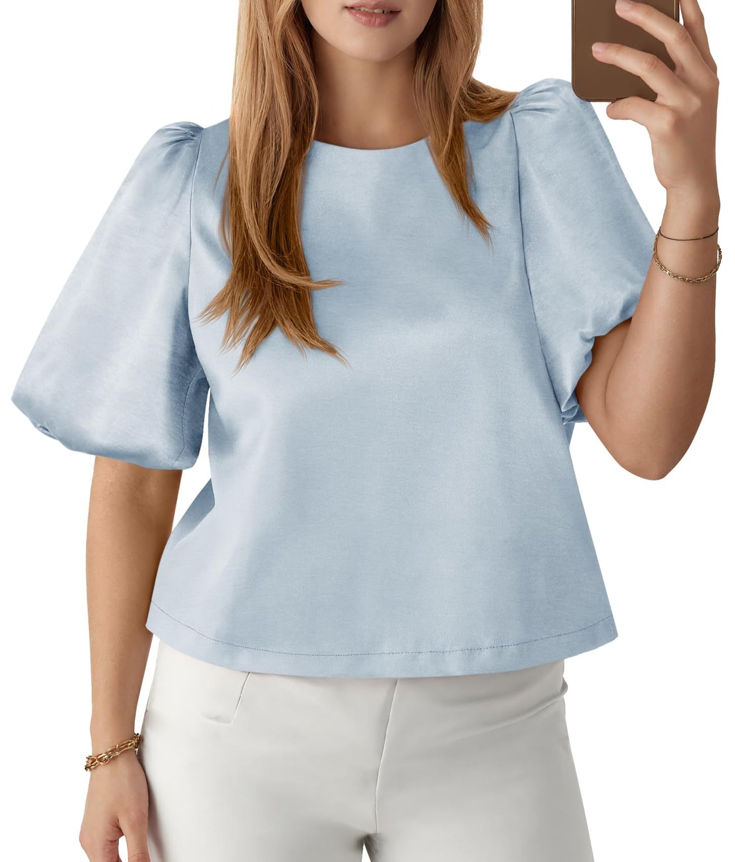 Satin Puff Sleeve Round Neck Elegant Blouse Top