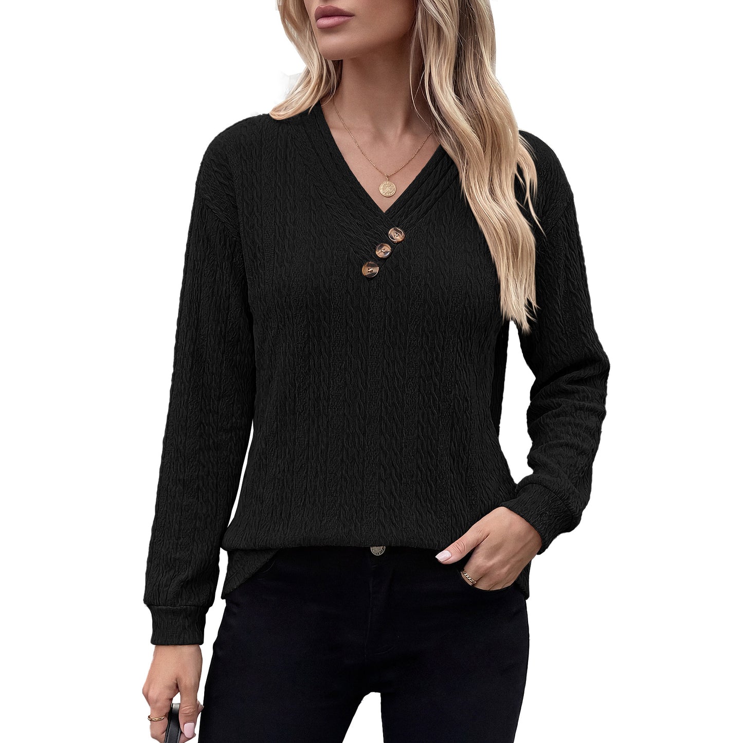 Womens Loose V Neck Button Long Sleeve Textured Top