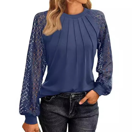 Lace Knit Blouse Casual Pleated Raglan Sleeve Top