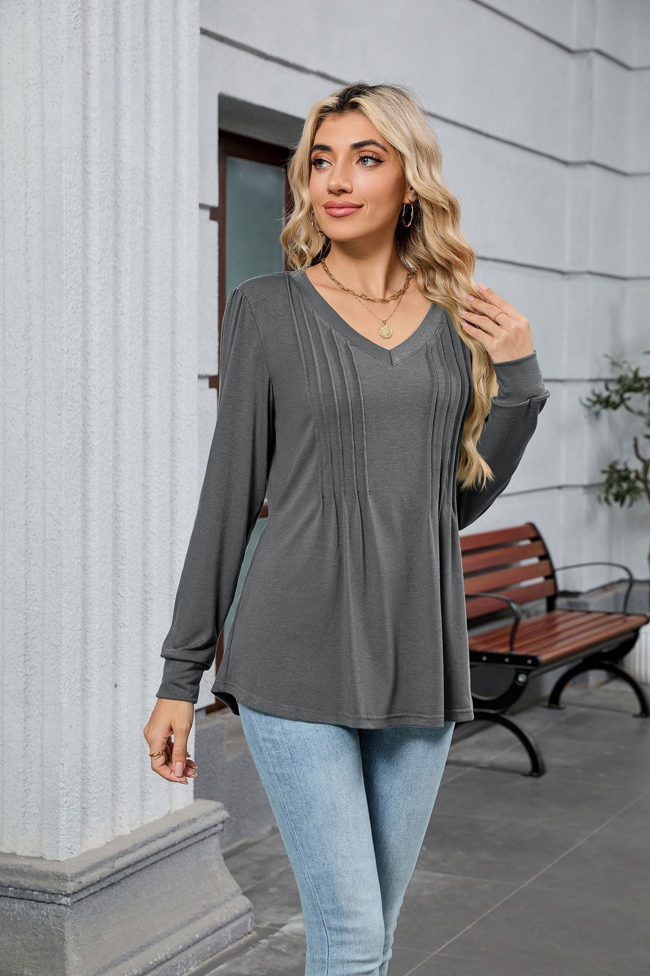 V-Neck Pleated Top – Soft Jersey Long Sleeve Tee