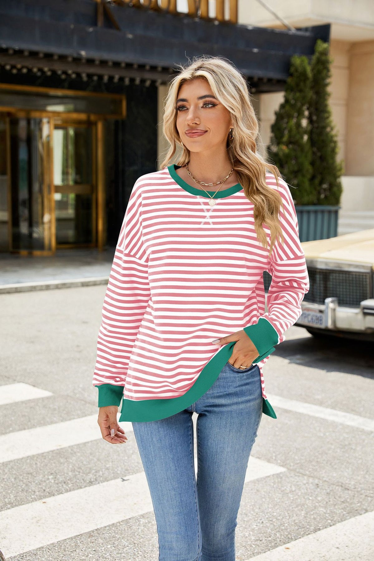 Women's Striped Color Block Sweatshirt Raglan Split Hem