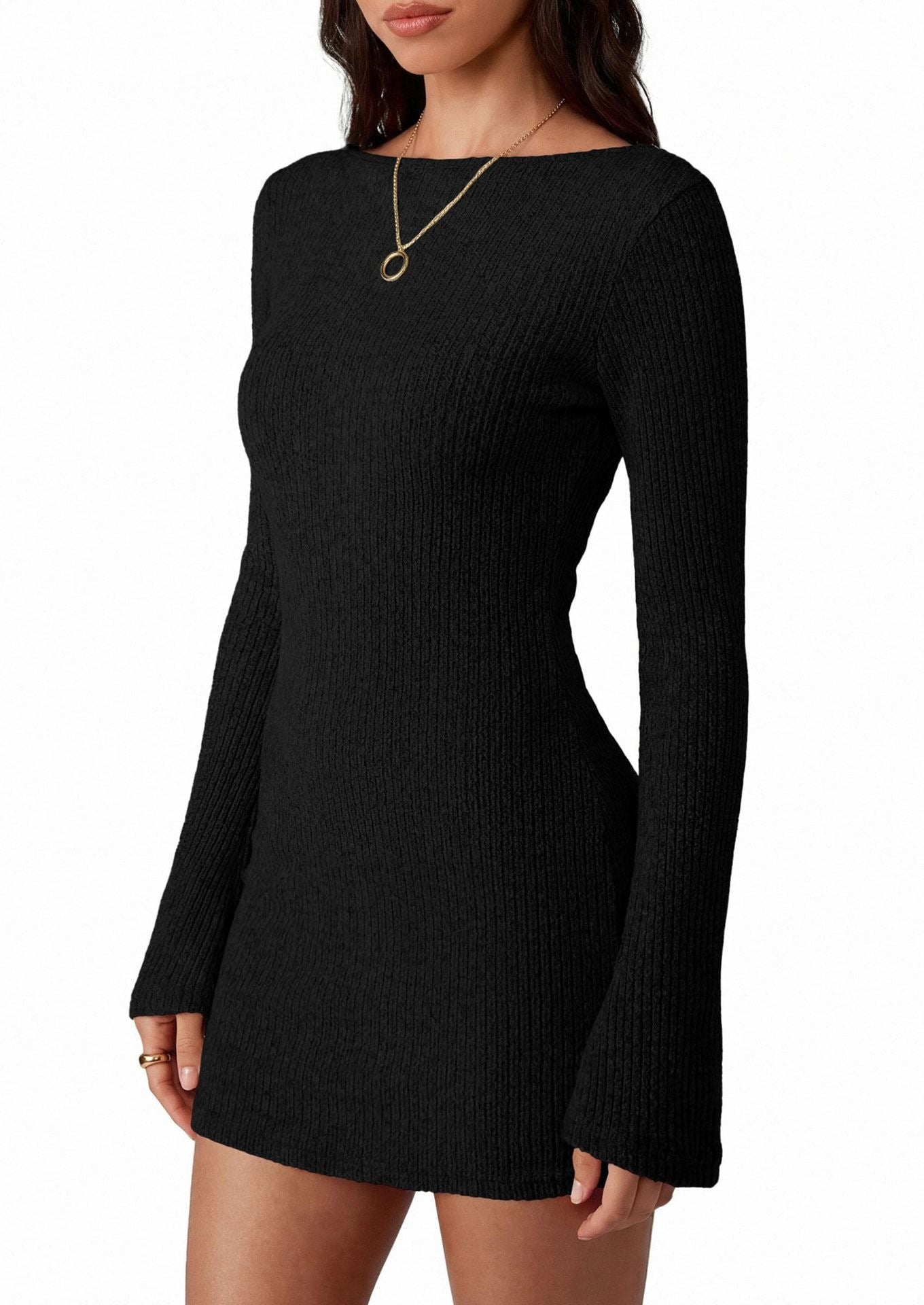 Ribbed Knit Mini Dress Long Sleeve Slim Fit Casual Style