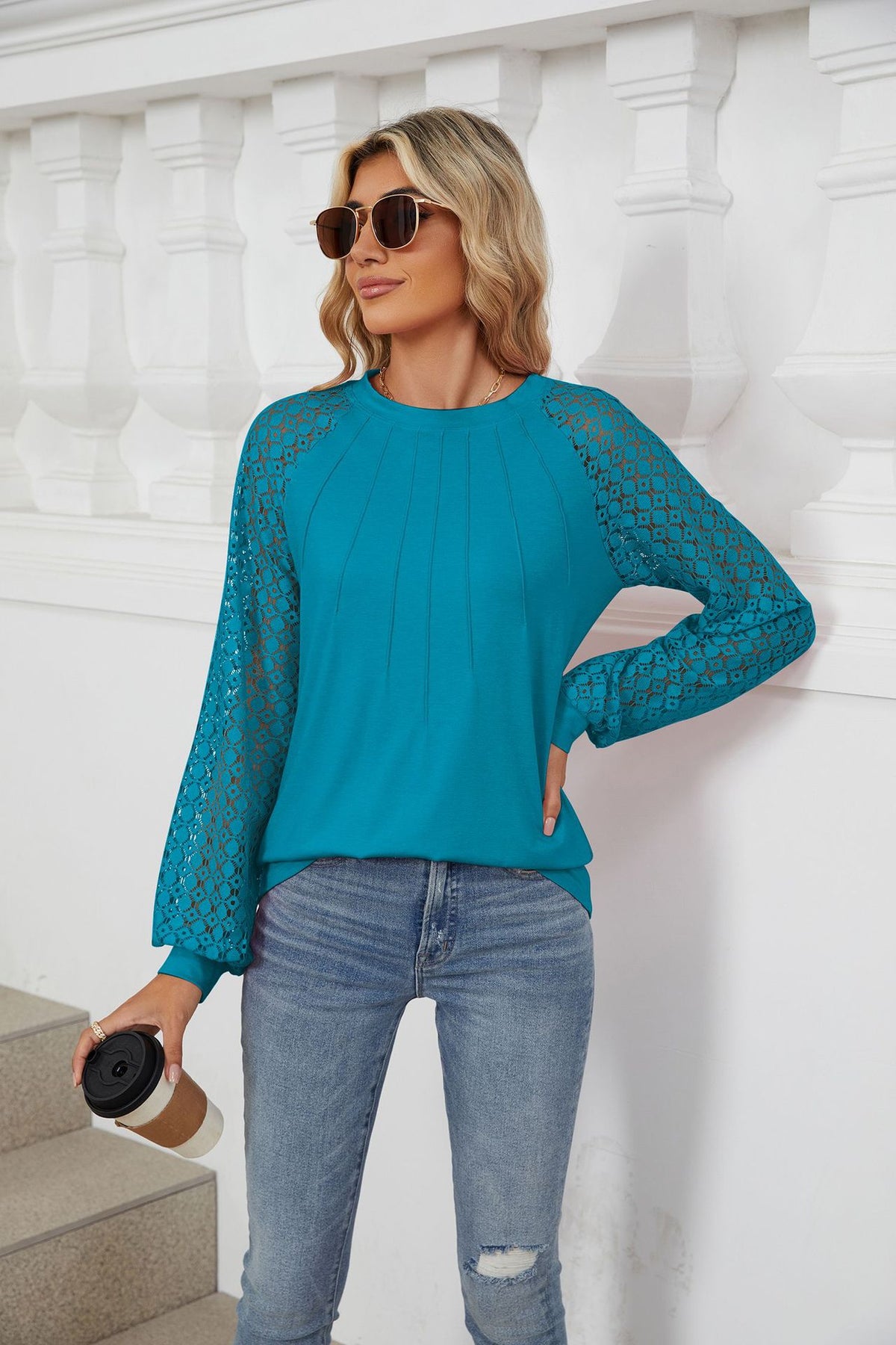 Women's Lace Long Sleeve Raglan Tunic Top Pleated