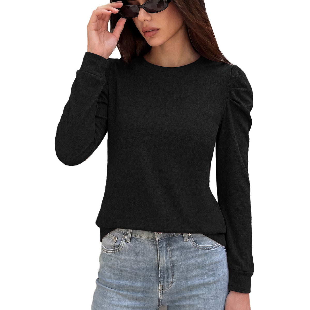 Women's Brushed Puff Sleeve Crew Neck Long Sleeve Top