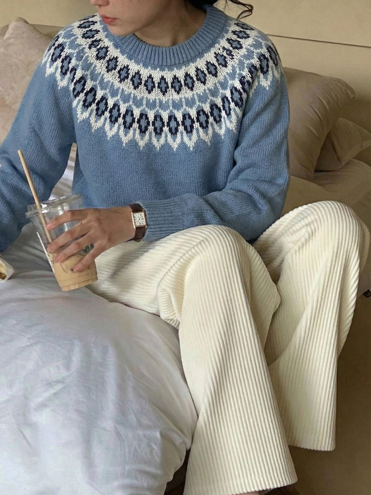 Women's Fair Isle Crew Neck Long Sleeve Knit Sweater