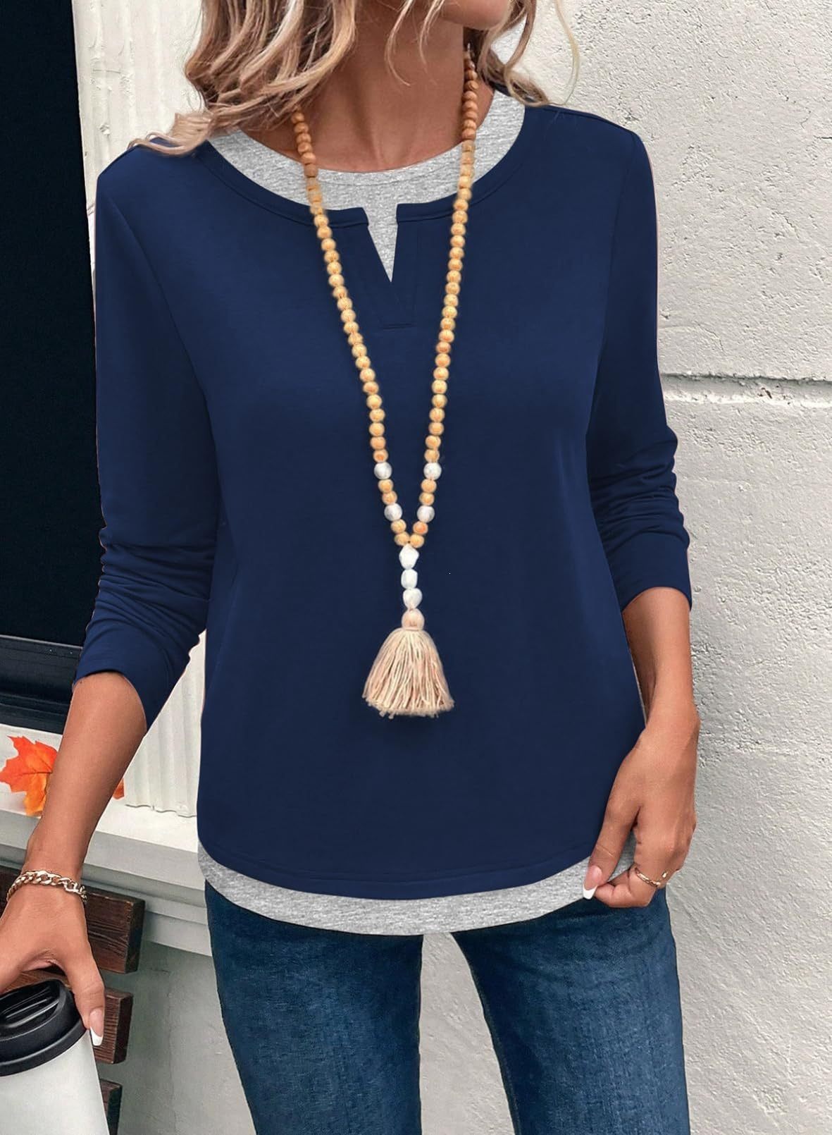 Color Block Long Sleeve Top Layered Look Casual Tee