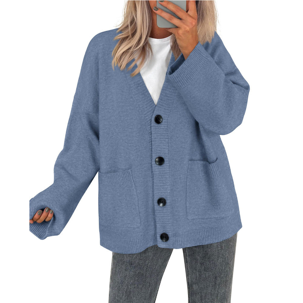 Solid Knit Cardigan Casual Oversized Pocket Button-Up