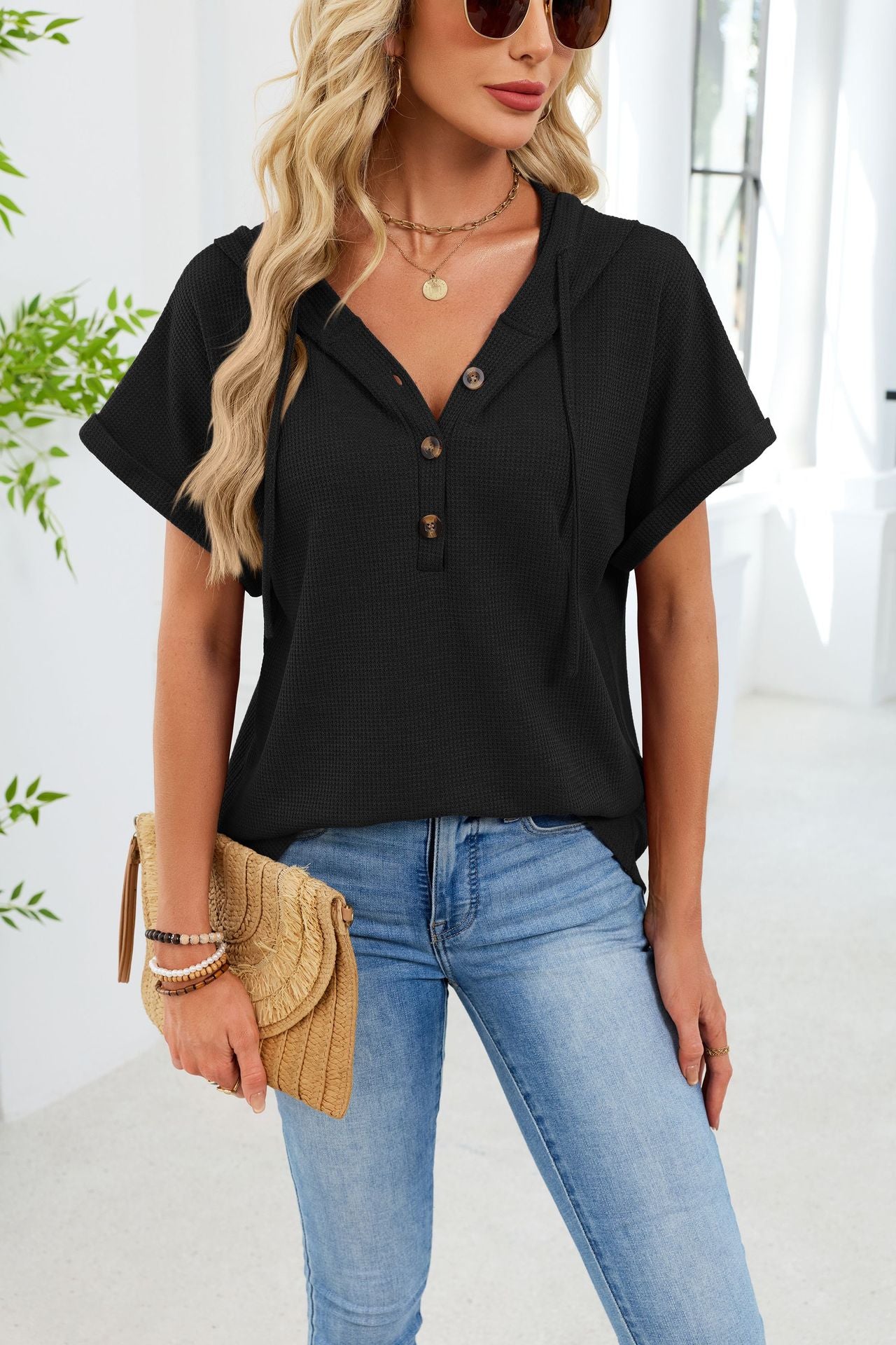 Waffle Knit Short Sleeve Hoodie Henley Button Top