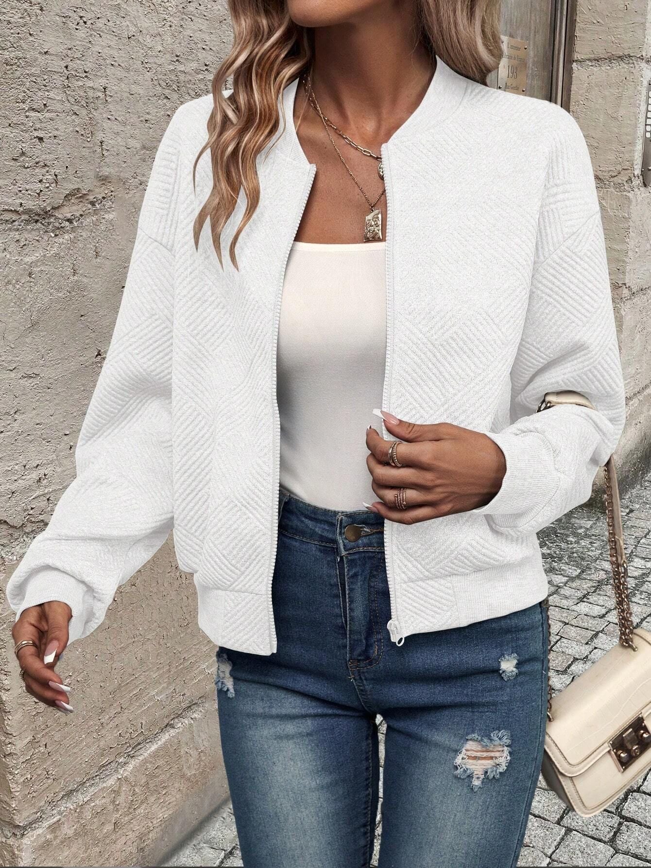 Geometric Textured Bomber Jacket with Pockets