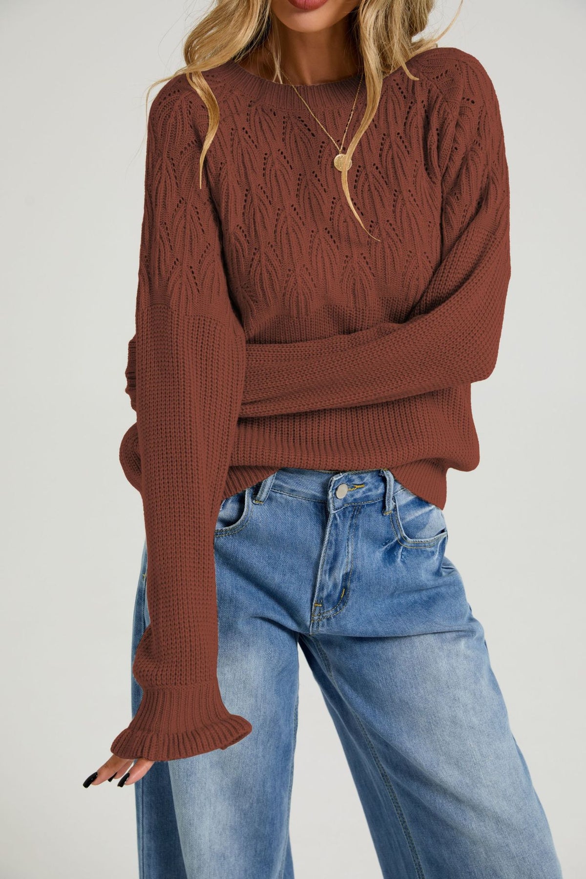 Women's Crew Neck Long Sleeve Cable Knit Pullover Sweater