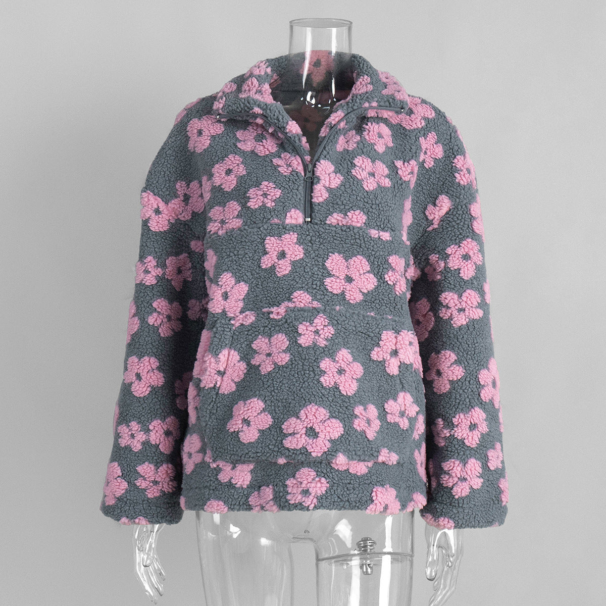 Floral Sherpa Pullover Half Zip Sweatshirt