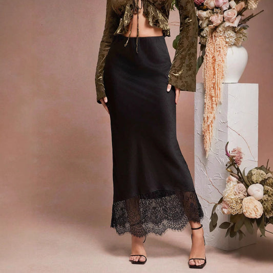 Women’s Satin Lace Trim Mermaid Midi Skirt