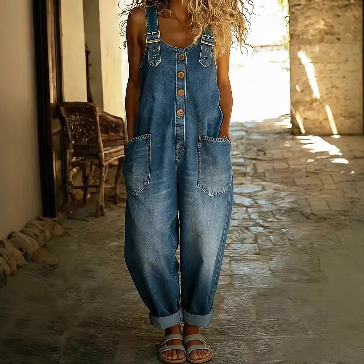 Washed Denim Overalls Adjustable Strap Relaxed Fit