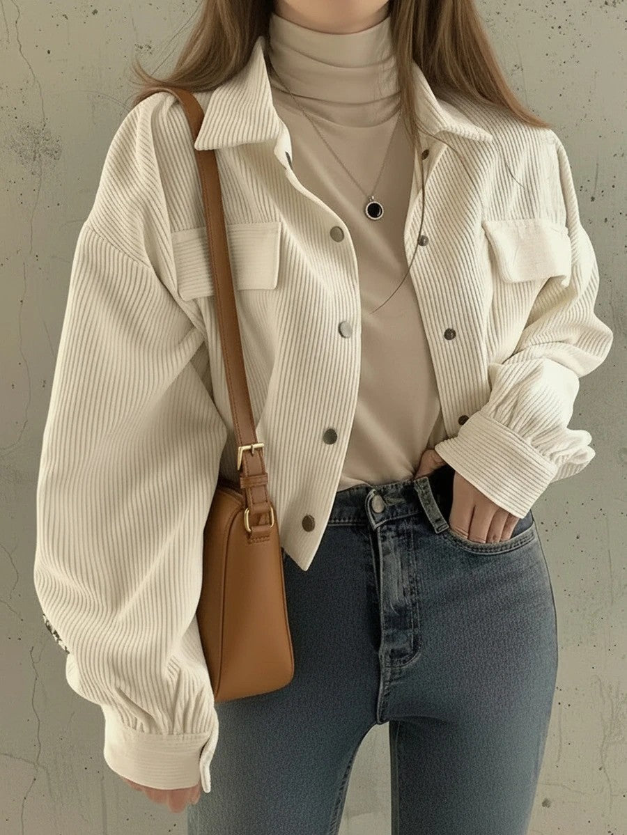 Cropped Corduroy Shacket Drawstring Hem