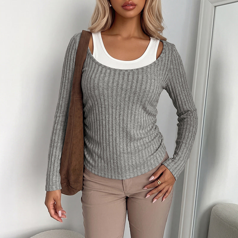 Colorblock Ribbed Top Casual Faux Layered Slim Fit