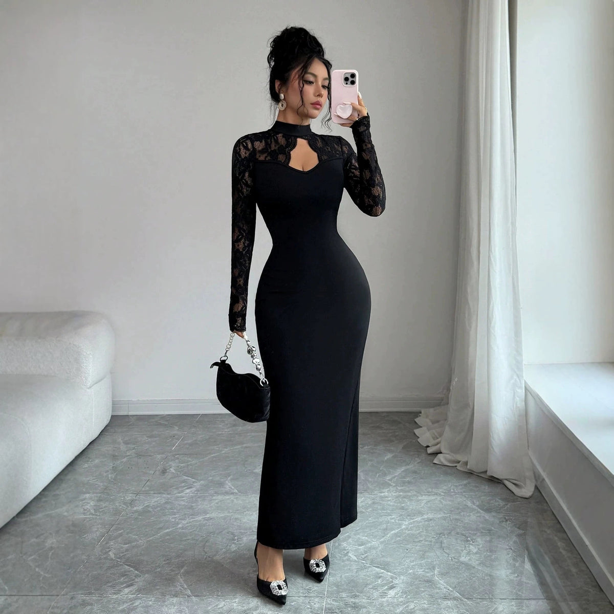 Women's Lace Sleeve Cutout Bodycon Maxi Dress