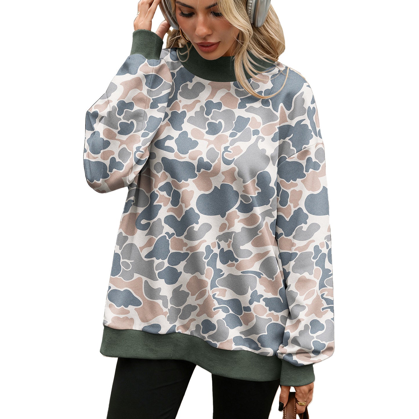 Camo Print Oversized Crew Neck Pullover Sweatshirt