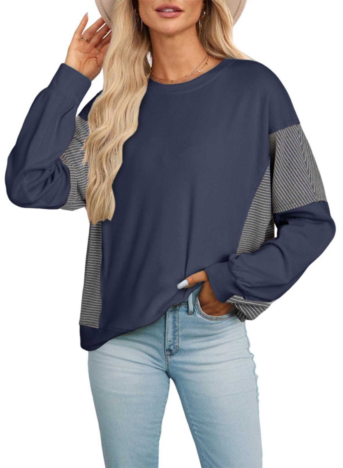 Striped Top Casual Colorblock Oversized Pullover