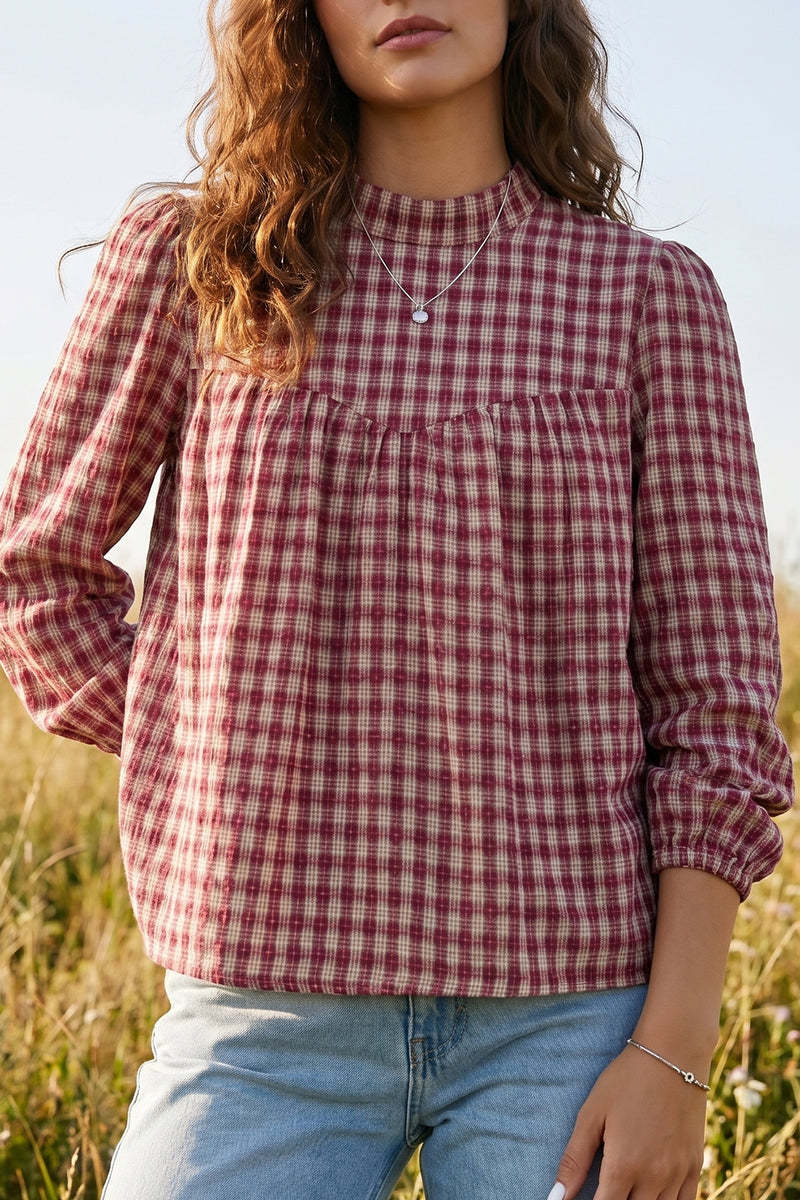 Plaid Mock Neck Babydoll Blouse Long Sleeve Top