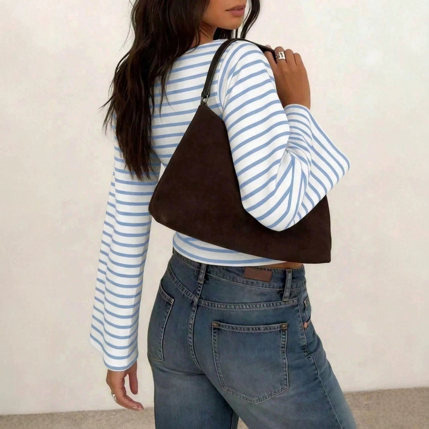 Women's Y2K Striped Bell Sleeve Fitted Crop Top Casual Tee