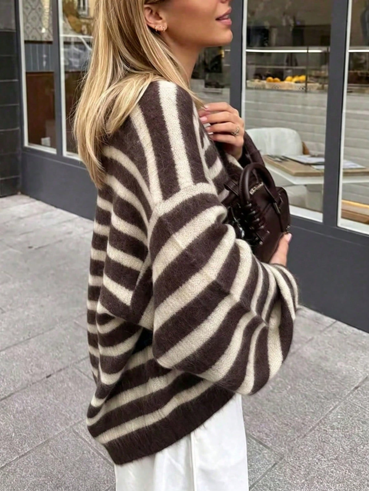 Women's Striped V-Neck Button Front Cardigan