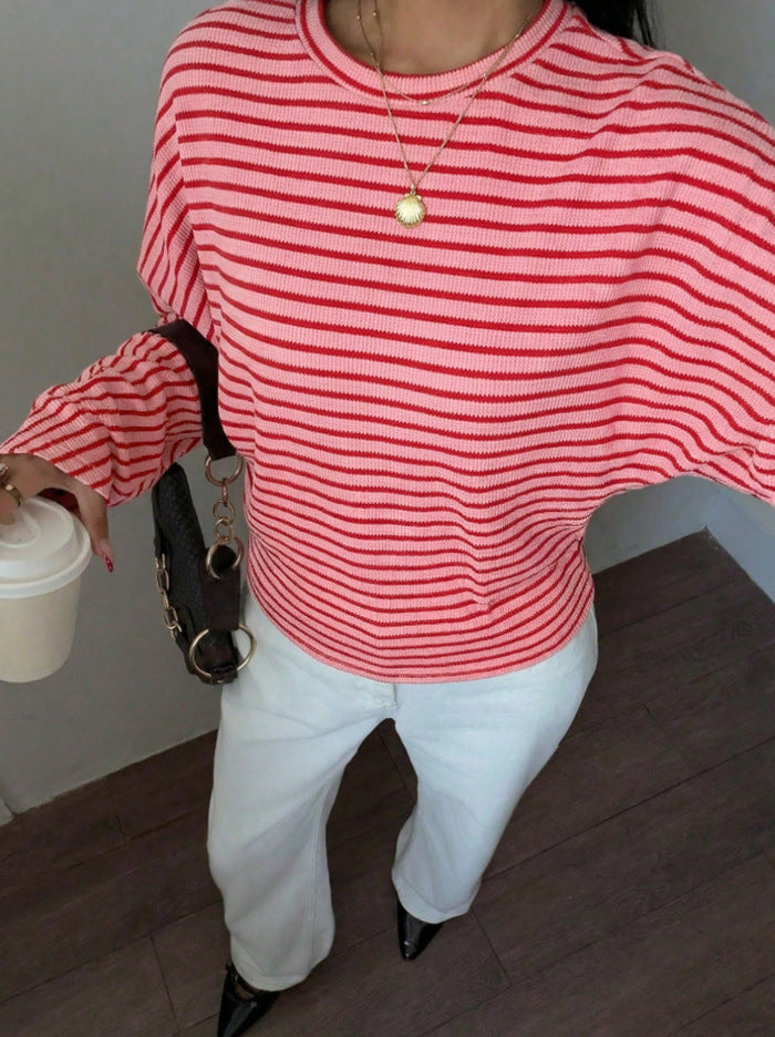 Women's Striped Waffle Knit Dolman Long Sleeve Top