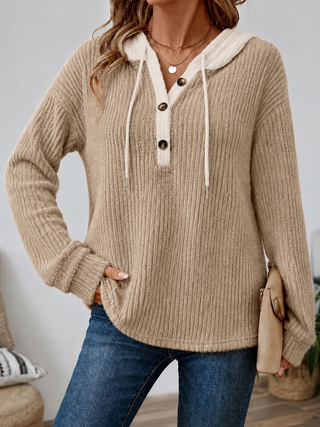 Women’s Hooded Knit Sweater Long Sleeve Pullover