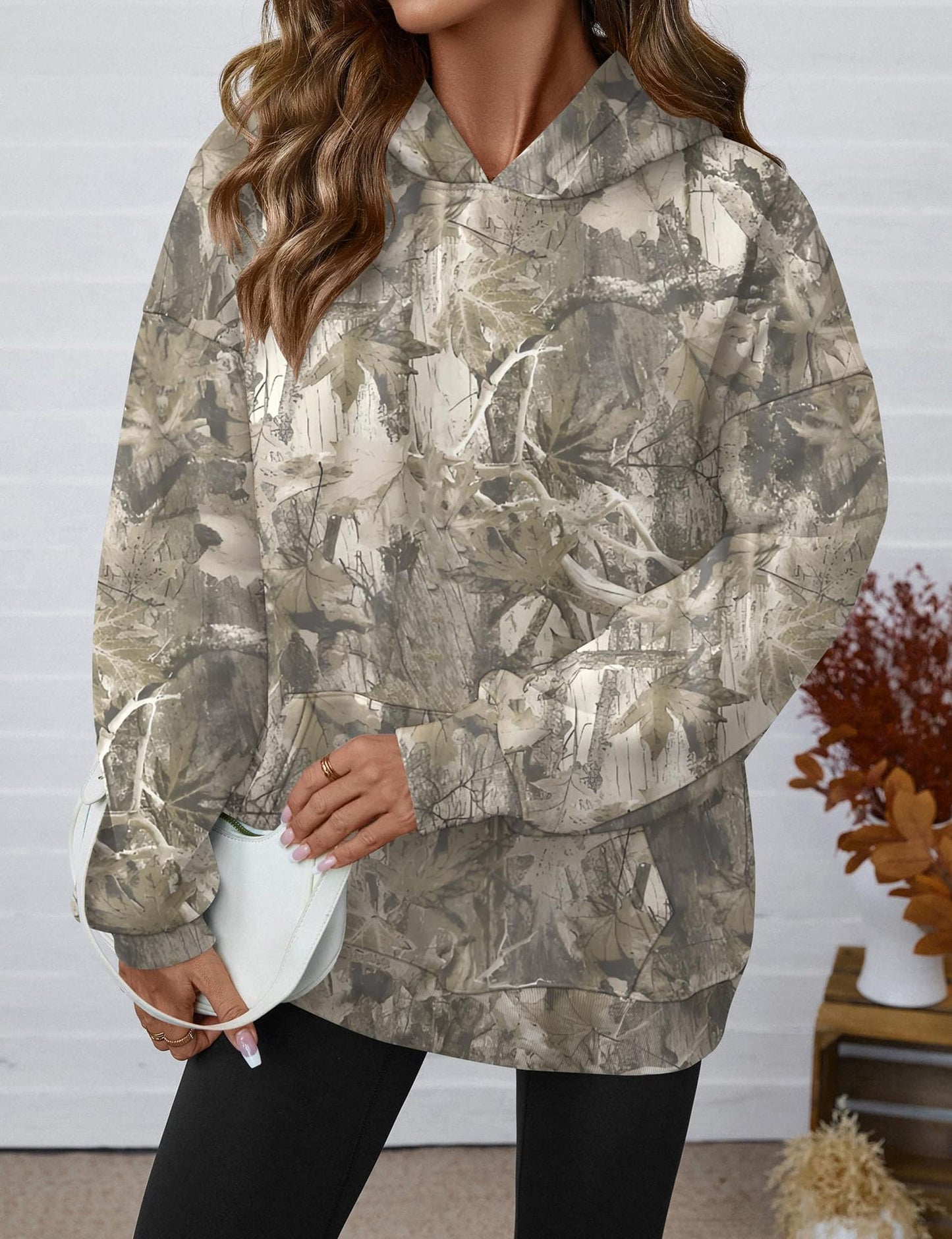 Camo Leaf Print Hoodie Women Oversized Casual Pullover